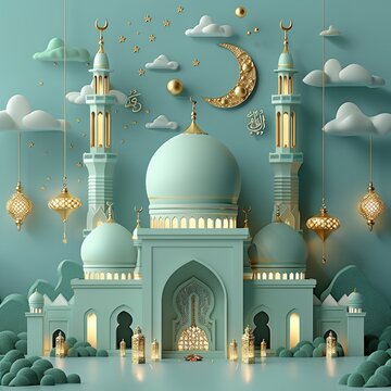 3d Mosque Ramadan festive atmosphere white background for Eid Mubarak