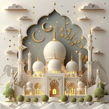 3d Mosque Ramadan festive atmosphere white background for Eid Mubarak