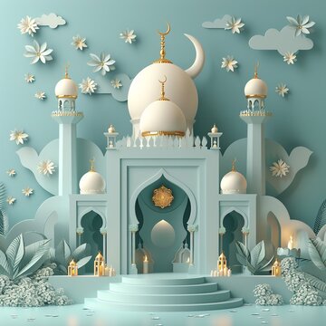 3d Mosque Ramadan festive atmosphere white background for Eid Mubarak