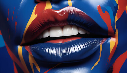 Vivid Blue Lips with Glossy Finish Against Bold Abstract Background High-Resolution Photo of Dynamic Artistic Expression with Striking Contrast and Captivating Visuals