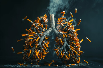 An AI generative levitation image of cigeratte bud arrange in lungs shape on isolated dark background.