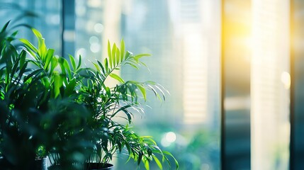 Wall Mural - Potted plants are placed on a glass windowsill in an office, with sunlight coming in from the window.