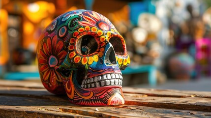 Sticker - Colorful Sugar Skull on Wooden Surface