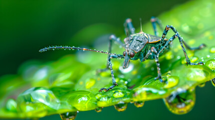 A close-up of a bug perched on a leaf covered in droplets in a lush green garden after rain. Generative AI.