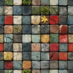 Geometric Natural Stone Mosaic Texture with Colorful Square Tiles