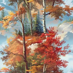 Poster - Autumn Forest Landscape with Mountain Peaks.