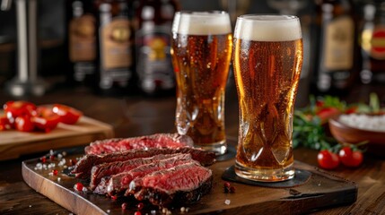 A plate of meat and two full glasses of beer