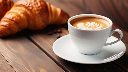 Cappuccino with beautiful latte art and croissant on wooden background on the table. Coffee with Croissants on a Wooden Table. breakfast in the morning. AI generated image