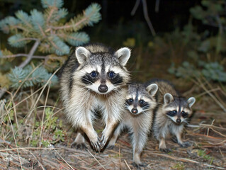 Poster - Three raccoons are standing in the woods. One of them is looking at the camera. The other two are looking away