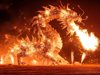 A dragon is lit up with fire and surrounded by people. The dragon is a large, ornate sculpture that is lit up with fire. The scene is lively and exciting