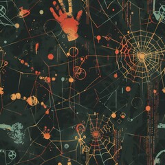 Wall Mural - abstract dark background with geometric shapes, handprint, cobweb and grunge textures.