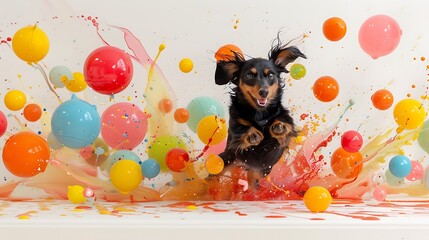 playful dachshund running with colorful balls and paint splashes