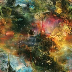 Wall Mural - Abstract Cosmic Landscape With Trees and Stars.