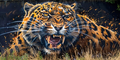 a vibrant street art tiger mural with intense colors and dynamic details, perfect for urban or wildl
