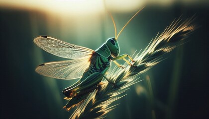 Wall Mural - A green grasshopper perches on a blade of grass, bathed in the golden light of the setting sun.