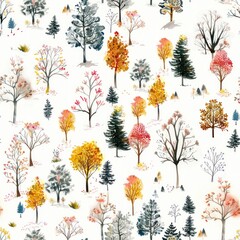Watercolor Autumn Forest Seamless Pattern.