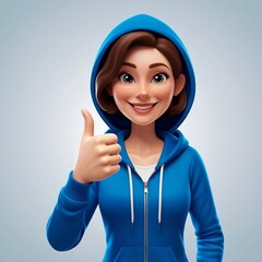 Happy smiling cartoon character young adult woman person in blue hoodie showing thumb up gesture in 3d style design on light background.