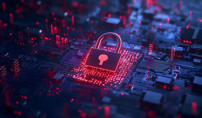 Fototapete - Red digital padlock with glowing binary code, AI in encryption algorithms, cybersecurity protocols, access control mechanisms, and secure data storage solutions design
