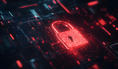 Fototapete - Red digital padlock with glowing binary code, AI in encryption algorithms, cybersecurity protocols, access control mechanisms, and secure data storage solutions design