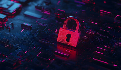 Fototapete - Red digital padlock with glowing binary code, AI in encryption algorithms, cybersecurity protocols, access control mechanisms, and secure data storage solutions design