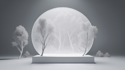 Poster - Interior with circular architecture form in 3D style. Abstract room with arc element and trees.