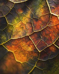 Sticker - Close-up of a Delicate Autumn Leaf with Intricate Veins and a Multicolored Texture