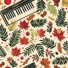 Wall Mural - Autumn leaves and musical keyboard.