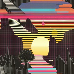 Wall Mural - abstract glitch art landscape with sunset.