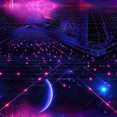 Wall Mural - neon grid abstract space.