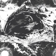 Wall Mural - Two figures stand in awe on an alien world, gazing at a celestial wonder.