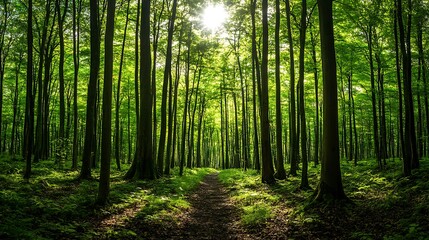 Poster - Sunlit Path Through a Dense Green Forest