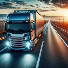 Poster - Truck in the road with mountains