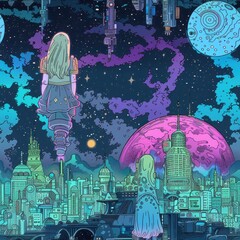 Wall Mural - futuristic cityscape with woman and planets.