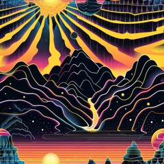 Wall Mural - abstract sunset landscape with mountains and stars.