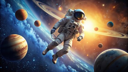Wall Mural - of an astronaut in space looking at the solar system, astronaut, space, solar system, exploration, cosmos, science