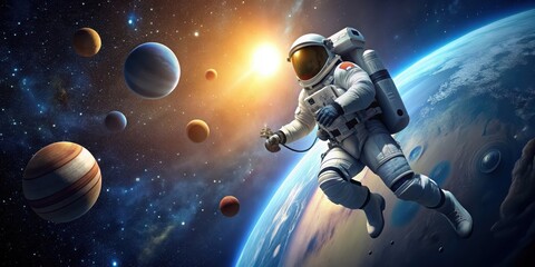 Wall Mural - of astronaut floating in space observing solar system, astronaut, space, solar system, galaxy, universe, exploration
