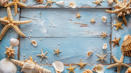 Wall Mural - Beach-themed wooden frame with starfish and shells highlighting summer products. Horizontal studio layout.