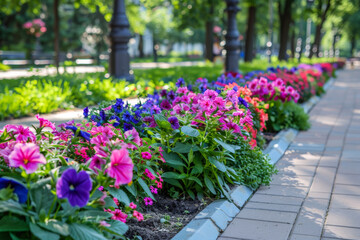 Floral landscaping in city. Lush flower bed with colorful summer flowers near pedestrian sidewalk. Modern mixed flower bed in sunny day