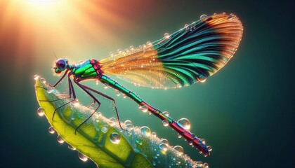 A vibrant dragonfly perched on a dew-covered leaf, its wings iridescent with sunlight.