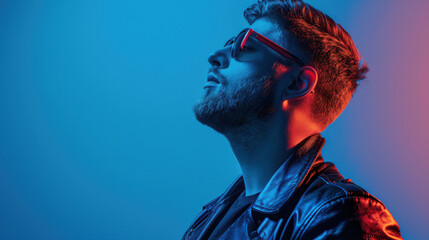 Wall Mural - A man with a beard and sunglasses, wearing a leather jacket, dynamic pose, side profile, solid background