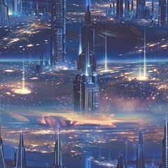 Wall Mural - Futuristic Cityscape with Galaxies.