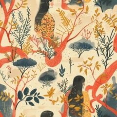 Canvas Print - Abstract nature pattern with women and birds.