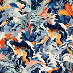 Canvas Print - Abstract floral pattern with blue, orange, and white colors.