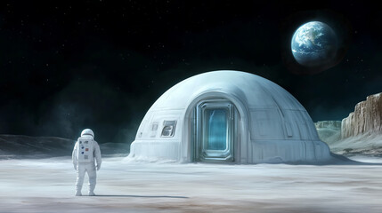 Wall Mural - astronaut standing in front of a lunar habitat on the moon's surface, moon colonization themes