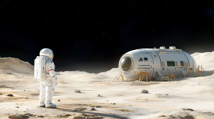 Wall Mural - astronaut standing on a barren moon surface looking at a futuristic habitat module, copy space