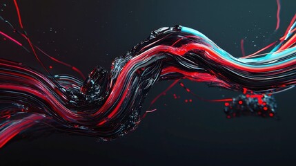 Poster - Dark illustration of a complex technical system, vibrant lines interconnect various flow states, emphasizing structure and movement within an abstract space.