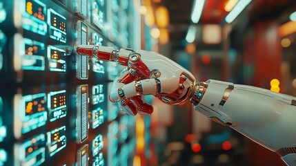 Poster - Futuristic Digital Interface, a robotic hand gestures toward a vibrant holographic display filled with dynamic data streams in an expansive, illuminated environment