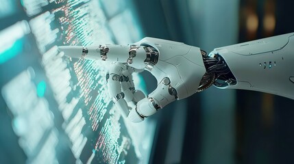 Poster - Digital robot hand gesturing towards a vibrant holographic display filled with cascading data streams, set against an expansive void, showcasing advanced technology interaction.