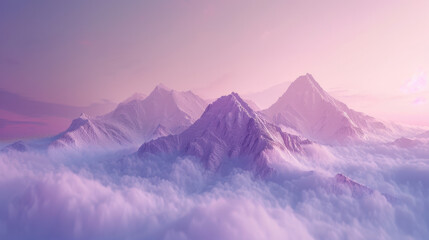 Wall Mural - A mesmerizing image of towering mountains emerging from a sea of clouds, highlighted by the gentle purple-pink light of dawn. The scene is wrapped in a thick, mystical fog