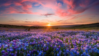 Wall Mural - beautiful landscape with filled full of blue and purple flowers and dramatic sunset sky above